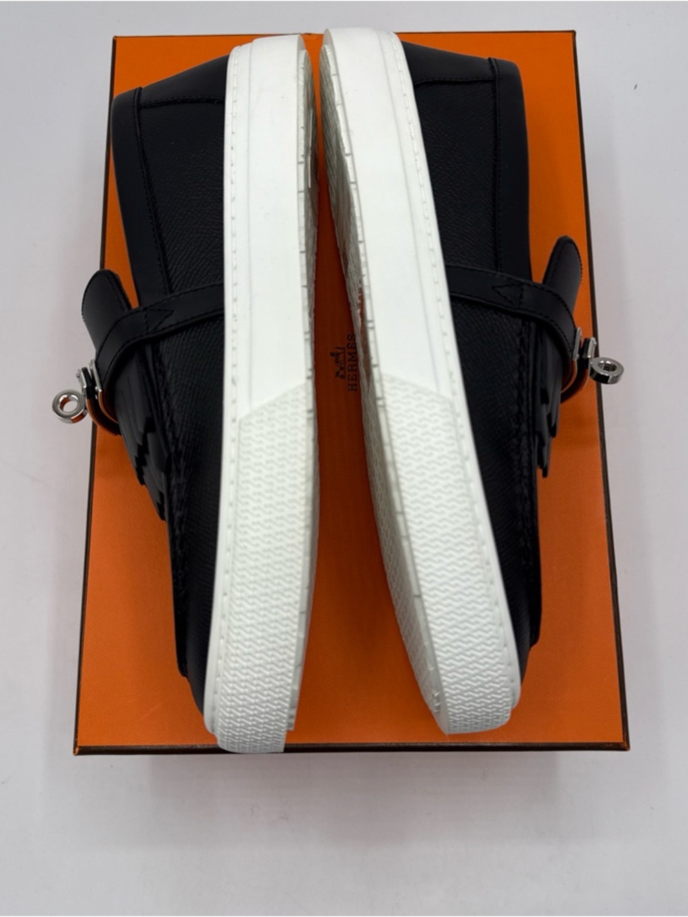 NWB HERMES Epsom Calfskin Game Slip On Fringe Sneakers 37.5 Black - Picture 10 of 12